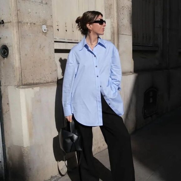 Boyfriend Oversize Oxford Cotton Dress Shirt - Bleu Ciel - Picture 1 of 12